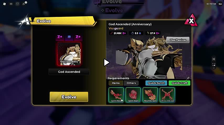 Anime Vanguards Evolve requirement panel showing the God Ascended anniversary preview