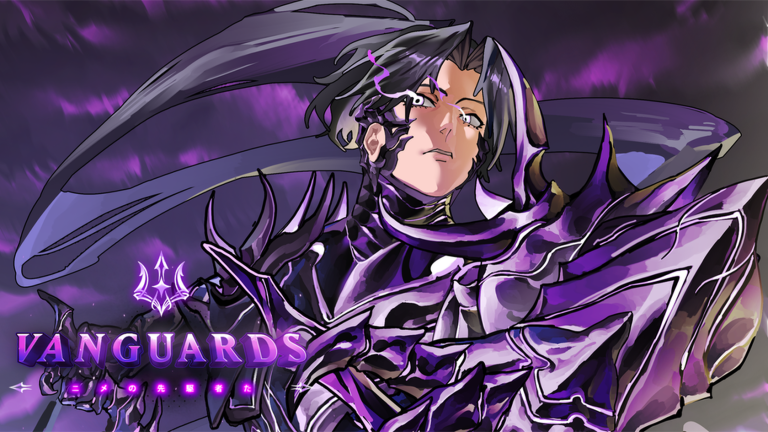 Official Vanguards promotional illustration of an armored character amid purple energy